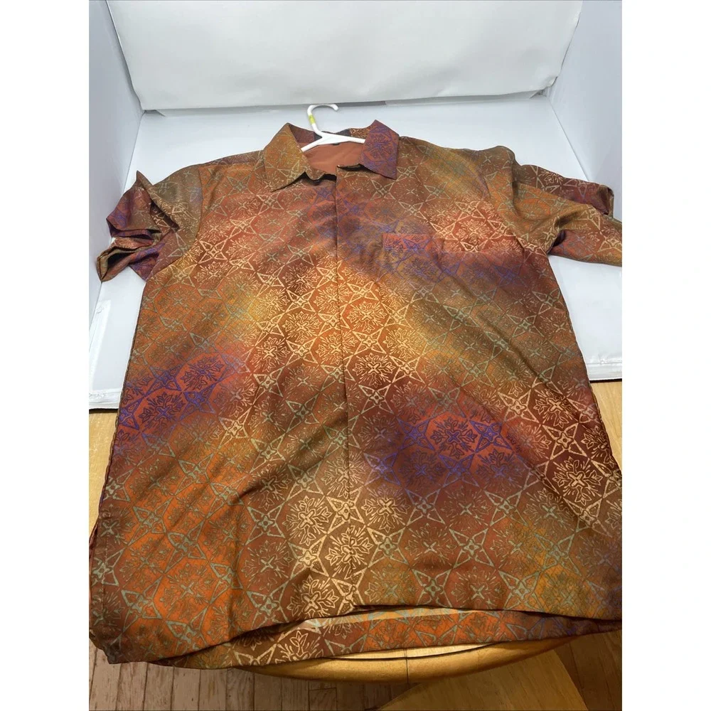 Bali‎ Lestari Men's Xl Short Sleeve Shirt Gold Purple Metallic Boho Festival